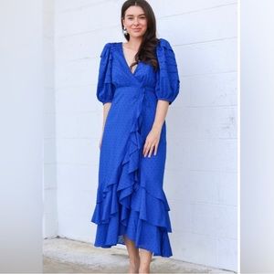 NWT Farm Rio Blue Ruffle Wrap Dress Size S